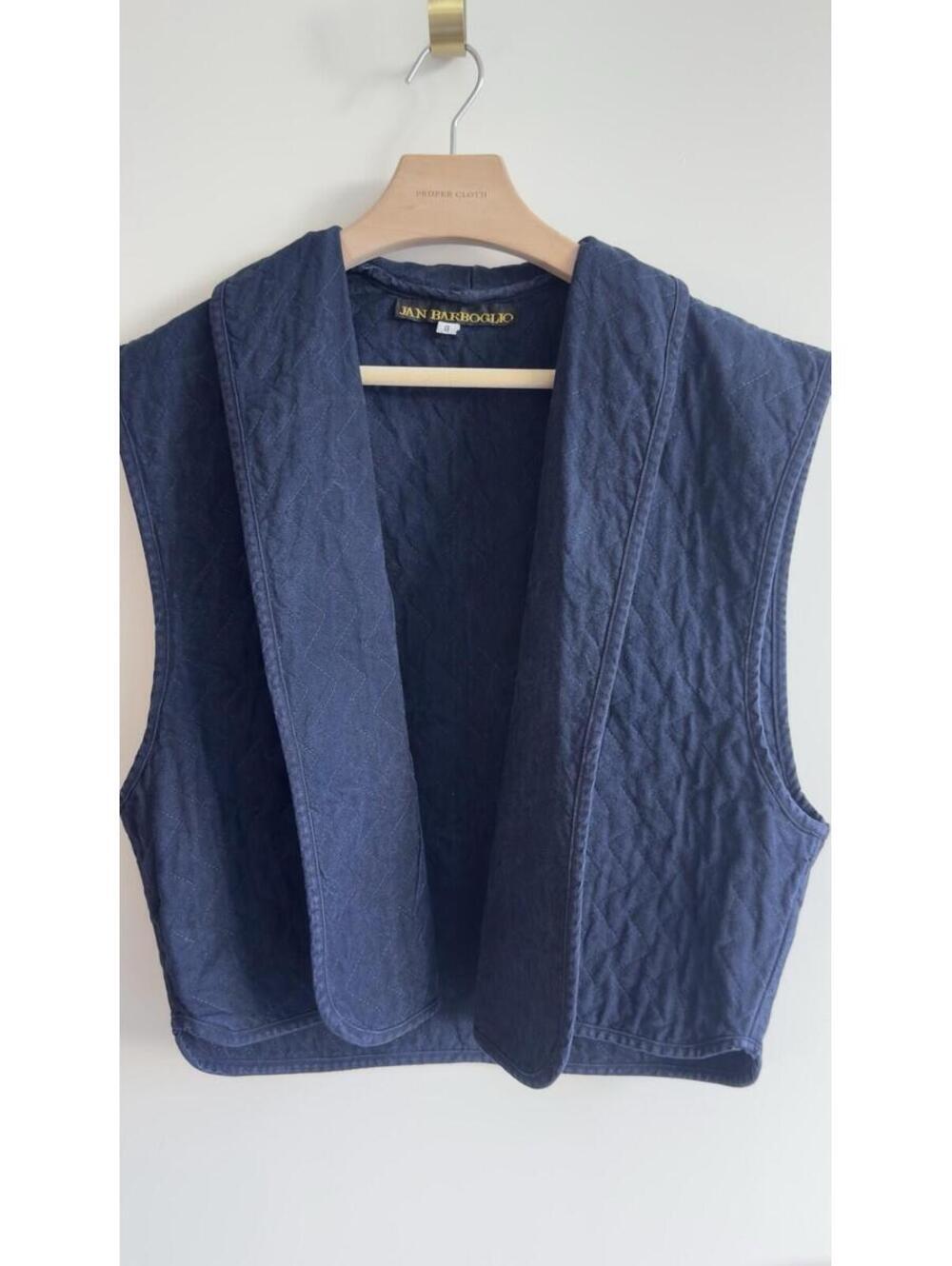 Jan Barboglio Quilted Cotton Open Front Vest Blue Size 8 Made in USA